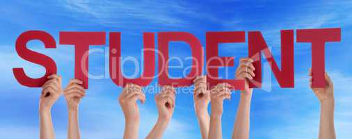 Many People Hands Holding Red Straight Word Student Blue Sky