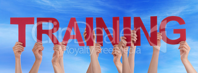 Many People Hands Holding Red Straight Word Training Blue Sky