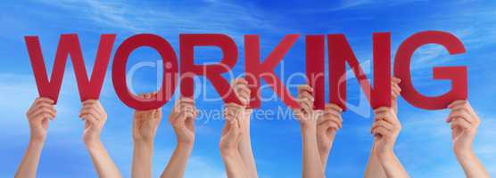 Many People Hands Holding Red Straight Word Working Blue Sky