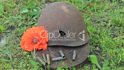 red poppy on the helmet of a dead soldier