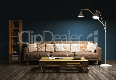 Modern evening interior of living room 3d render
