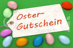 Easter eggs with sign and inscription, Oster-Gutschein