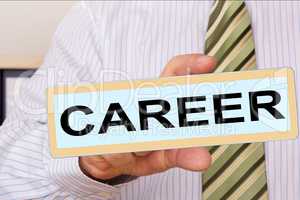 Man holds sign with inscription, CAREER