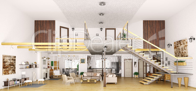 Modern loft apartment interior in cut 3d render