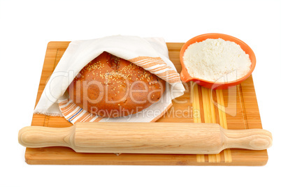 bread and cooking utensils isolated on white background