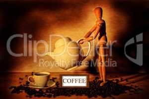 Holzfigur mit Kaffeekanne schenkt Kaffee ein