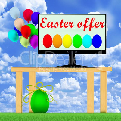 Easter eggs and table and screen with inscription, Easter offer