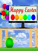 Easter eggs and table and screen with inscription, Happy Easter