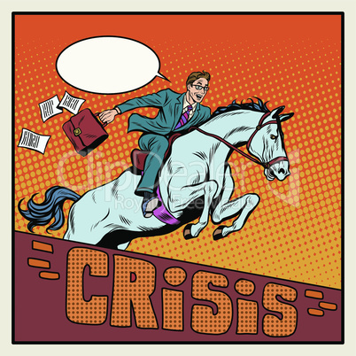 Businessman on a horse jumping barrier crisis