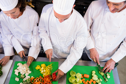 Team of chefs chopping vegetables