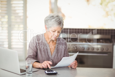 Senior woman using calculator while holding document