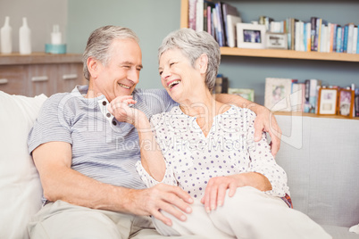 Romantic senior couple sitting on sofa in living room