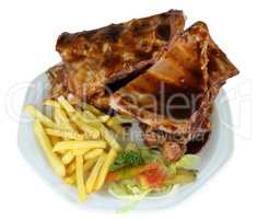 Spareribs and Fries on White Plate