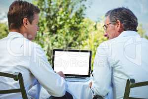 Two businessmen meeting in a restaurant using laptop