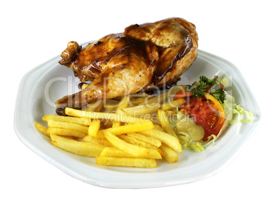 Isolated Half Chicken and Fries