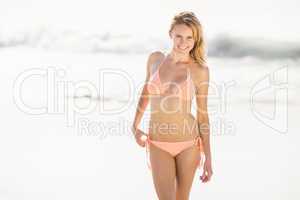 Portrait of pretty woman in bikini standing on the beach