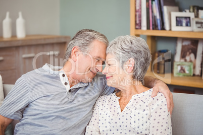 Happy senior couple sitting on sofa