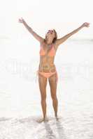 Portrait of excited woman in bikini standing on the beach