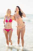 Two happy women in bikini walking on the beach