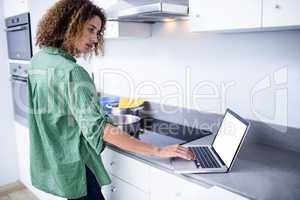 Woman working on laptop while cooking