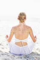Rear view of woman performing yoga on the beach