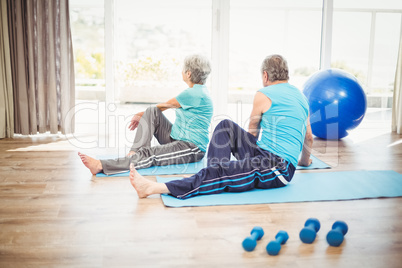 Rear view of couple doing yoga