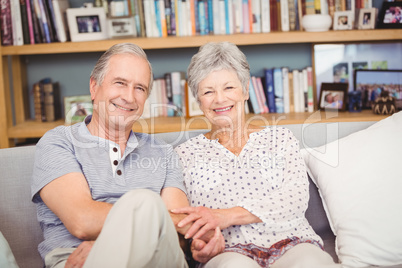 Portrait of happy senior couple sitting in living room