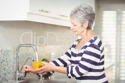 Side view of senior woman washing bell pepper