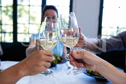 Friends toasting wine glass while having lunch