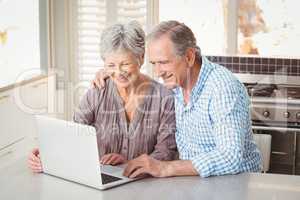 Cheerful senior couple using laptop