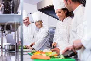 Team of chefs chopping vegetables