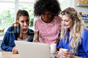 Female friends looking in laptop during breakfast