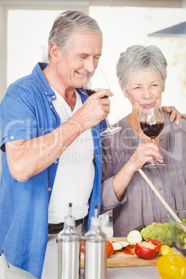 Happy senior couple drinking red wine