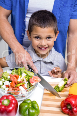 Boy chopping vegetables in the kitchen