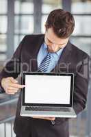 Businessman showing laptop in office