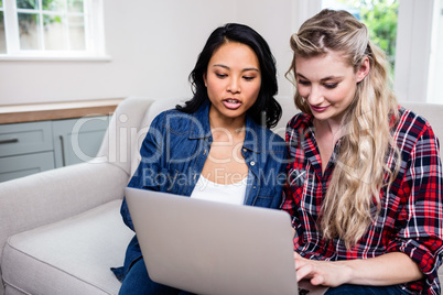 Cheerful young female friends looking in laptop