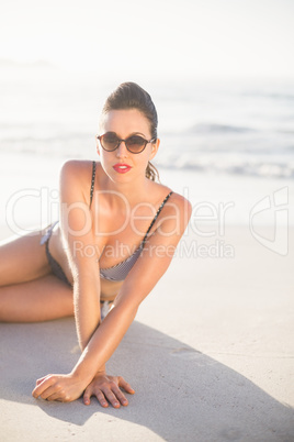 Glamorous woman in bikini sitting on the beach