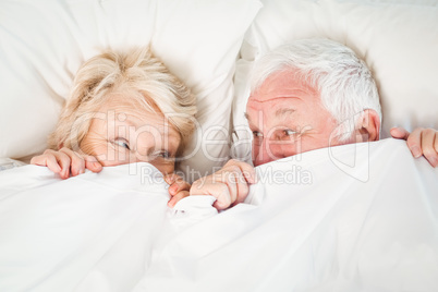 Overhead view of couple hiding in blanket