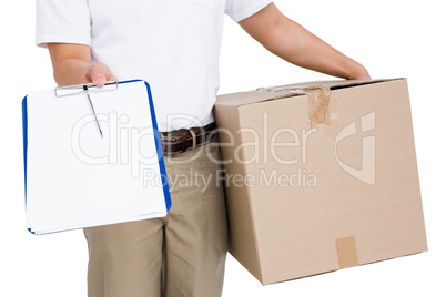 Delivery man with cardboard box and clipboard