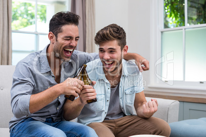 Male friends toasting beer while sitting on sofa