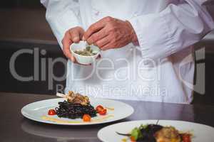 Chef sprinkling spices on dish