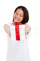 Happy woman holding gift box