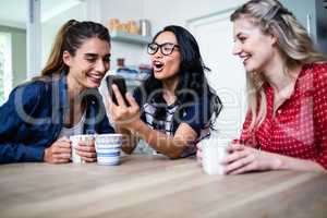 Happy young female friends using mobile phone