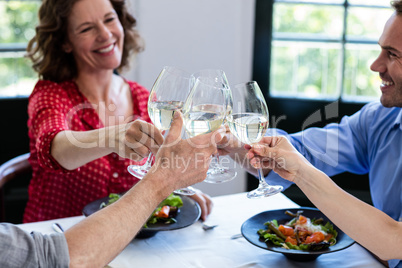 Happy friends toasting wine glass while having lunch