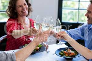 Happy friends toasting wine glass while having lunch