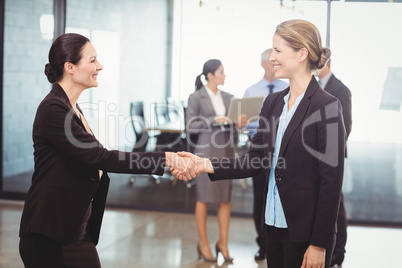 Businesswoman shaking hands with colleague