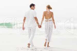 Rear view of couple walking on the beach