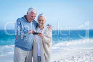 Cute mature couple looking at smartphone