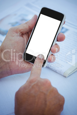 Close up of masculine hands using smartphone