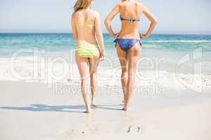 Rear view of two women walking on the beach